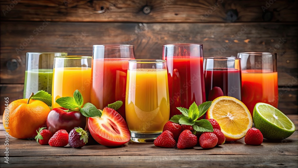 Composition of various fruit juices in glasses , juice, assorted, healthy, beverages, refreshment, colorful, drinking, glass