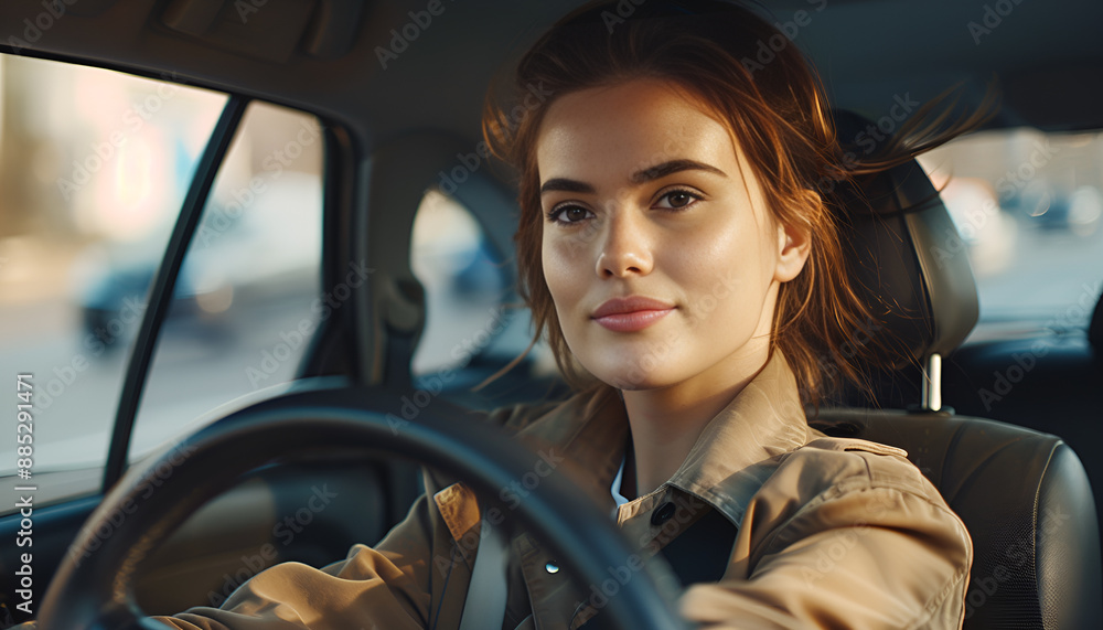 Positive young adult woman driving car during solo trip, front view Positive young adult woman driving car during solo trip, front view