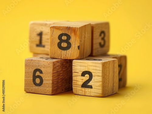 Serene Minimalism - Wooden Numbered Cubes on Yellow Background in Feminine Palette