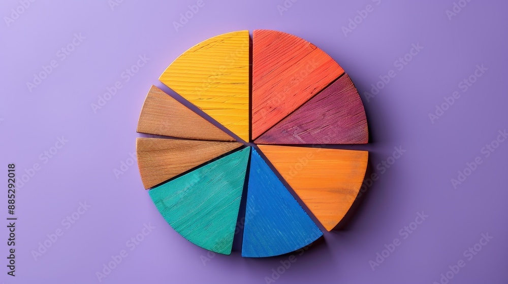 Fototapeta premium Financial Distribution Analysis Concept with Wooden Blocks Pie Chart on Purple Background Flat Lay