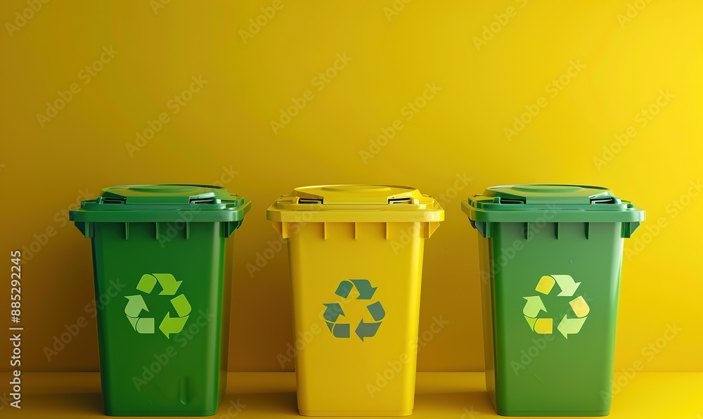 three green and yellow trash cans with a recycling symbol and a yellow background three green and yellow trash cans with a recycling symbol and a yellow background