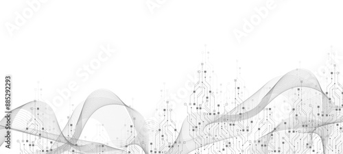 Artificial Intelligence or machine learning vector design. Quantum computer technology concept with circuit board and motherboard texture background design. Waves flow quantum explosion