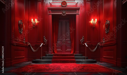 a red room with a red carpet and yellow lights on