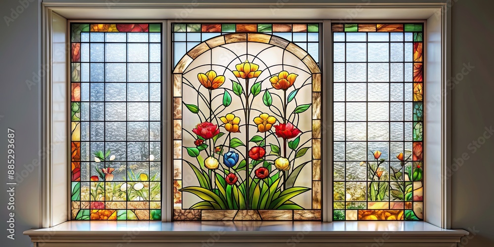 Stained glass window with abstract flower arrangement on light background, Stained glass, window, abstract, flower Stained glass window with abstract flower arrangement on light background, Stained glass, window, abstract, flower