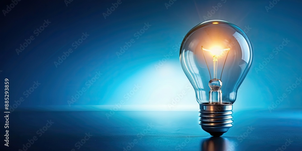Glowing light bulb on blue background, innovation, idea, creativity, inspiration, electric, energy, illumination, concept Glowing light bulb on blue background, innovation, idea, creativity, inspiration, electric, energy, illumination, concept