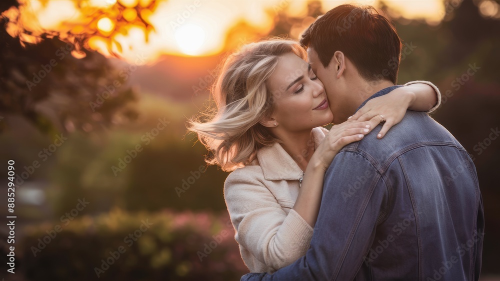 Fototapeta premium A man and woman kissing each other in a park at sunset, AI