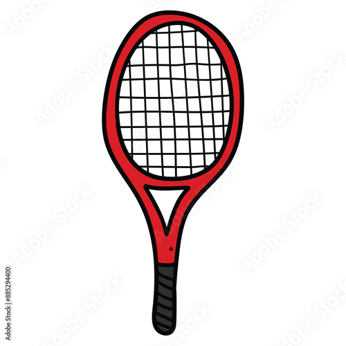 Hand drawn cartoon red tennis racket on white background.