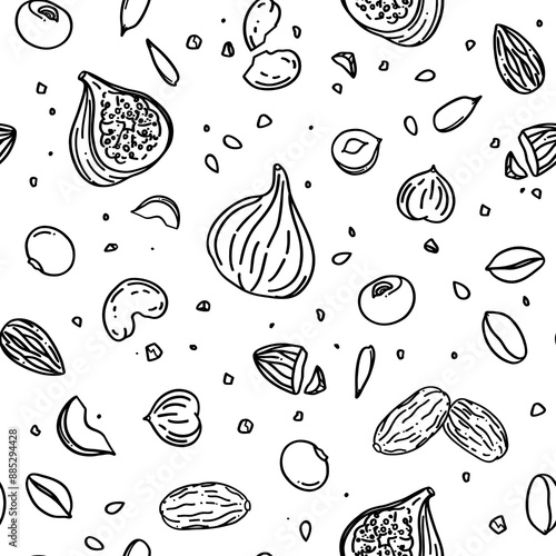 vector outline seamless pattern with nuts, seeds, some fruites and berries in the doodle style on a white background