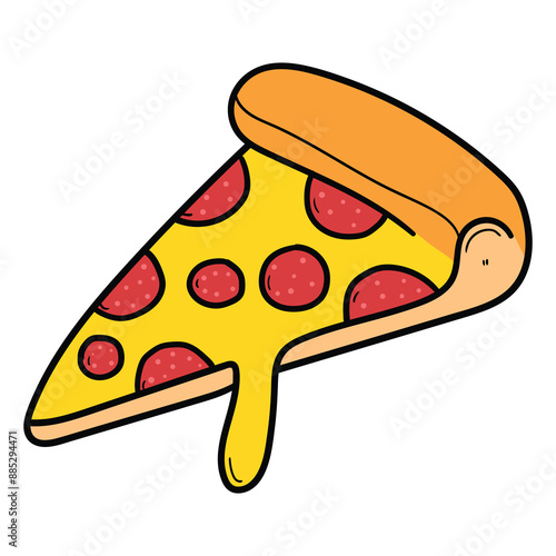 Hand drawn cartoon slice of pizza with melted cheese on white background.