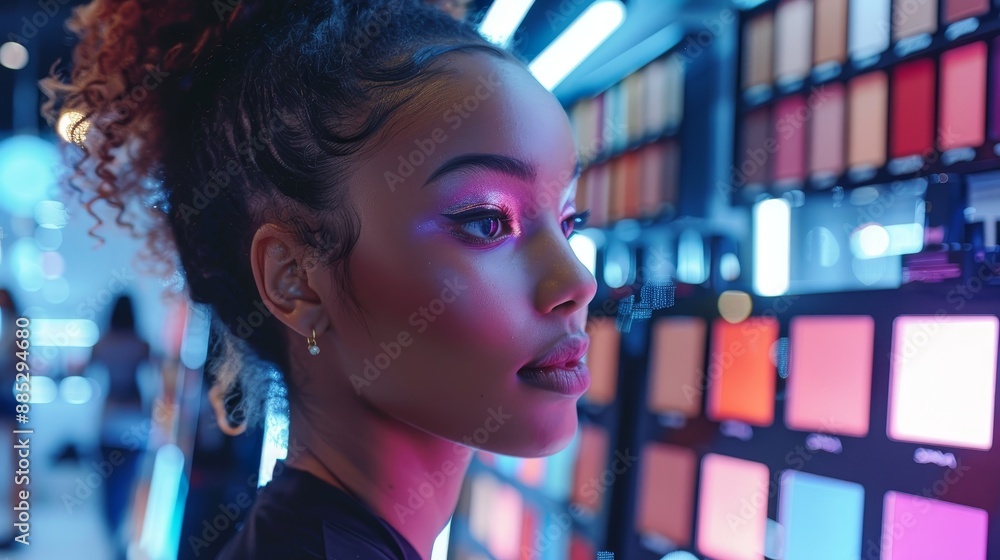 A makeup artist using advanced techniques in a vibrant, attractive setup A makeup artist using advanced techniques in a vibrant, attractive setup