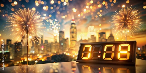 Vibrant countdown clock displays final seconds of the old year, bathed in warm golden light, against a blurred cityscape of twinkling lights on New Year's Eve. photo