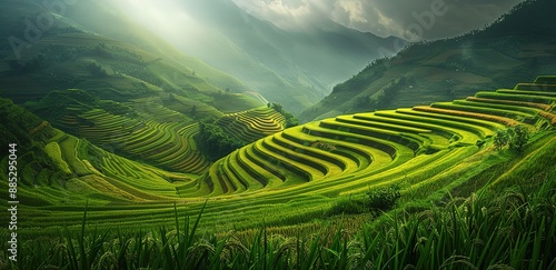 rice fields in the hills with a terracing system and background views of the hills