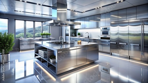 Futuristic kitchen with sleek, metallic surfaces and state-of-the-art appliances, futuristic, room, concept