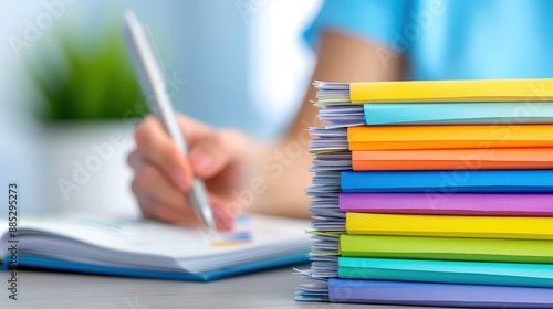 Close-up of hands writing on a notepad with a stack of colorful folders in the foreground, perfect for education or office-related themes. © weerasak