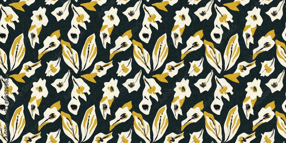 Modern printed fabric flower block print pattern with linen texture effect. Stylized boho dark floral for chic fashion background motif border design. Modern printed fabric flower block print pattern with linen texture effect. Stylized boho dark floral for chic fashion background motif border design.
