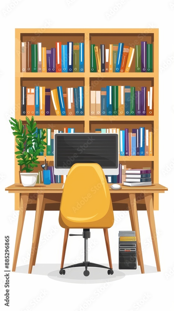 Home office desk with computer and books, productive environment, vector illustration, isolated on white background Home office desk with computer and books, productive environment, vector illustration, isolated on white background