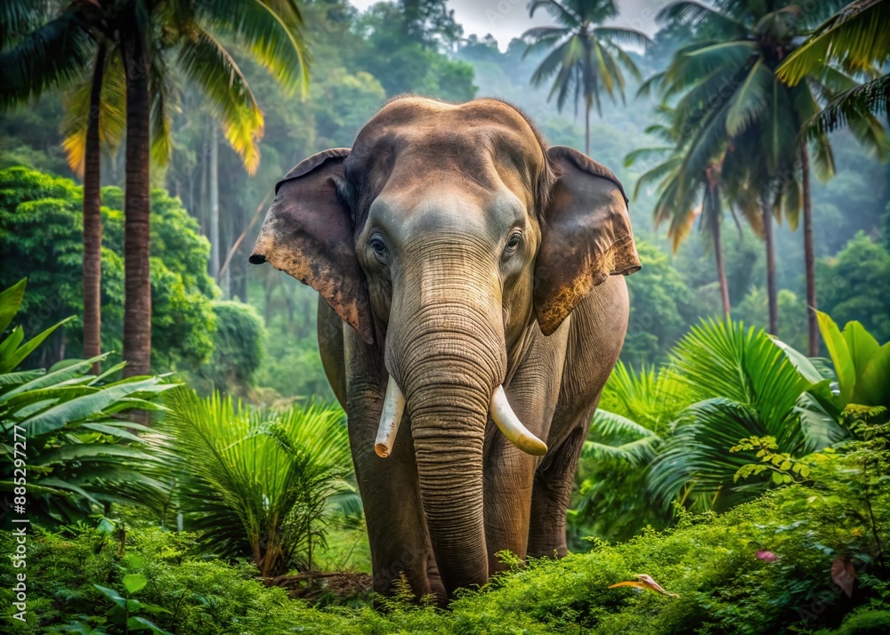 Fototapeta premium Majestic Asian elephant with tusks and wrinkled gray skin stands alone in a lush green jungle surrounded by tall trees and exotic foliage.
