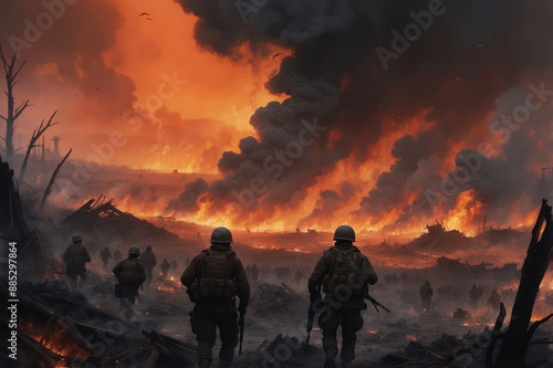 Dramatic battlefield scene with soldiers and fire 