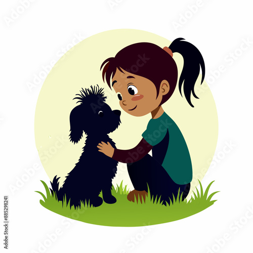 a child with her cute pappy, sitting on the field, vector art illustration, solid color vector, isolated white background (12)