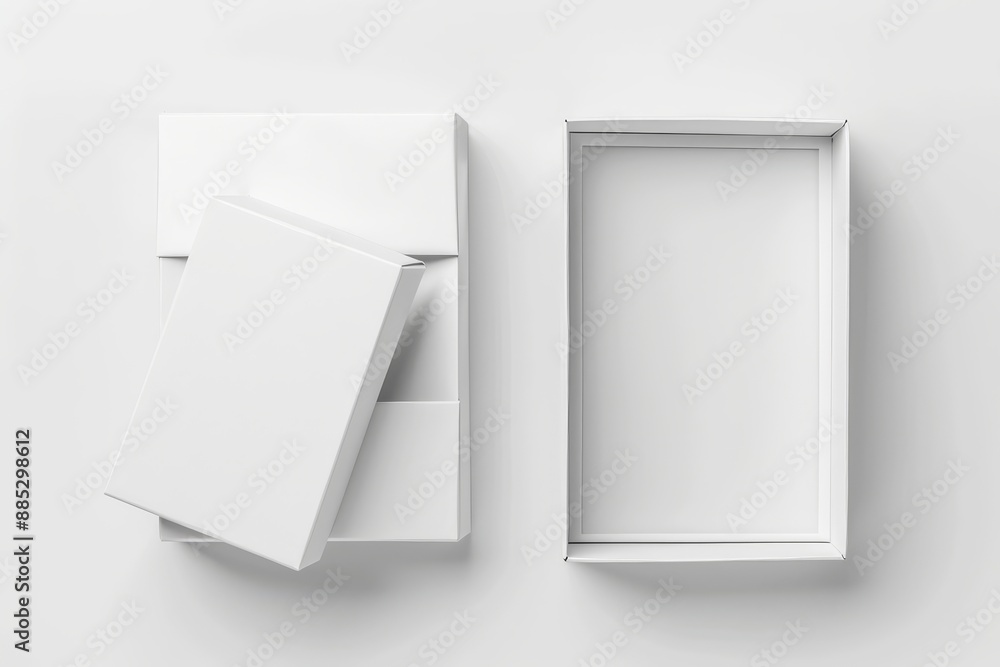 Three-dimensional rendering of an open and closed white realistic cardboard box with paper and a sticker. Business gift concept. Three-dimensional rendering of an open and closed white realistic cardboard box with paper and a sticker. Business gift concept.