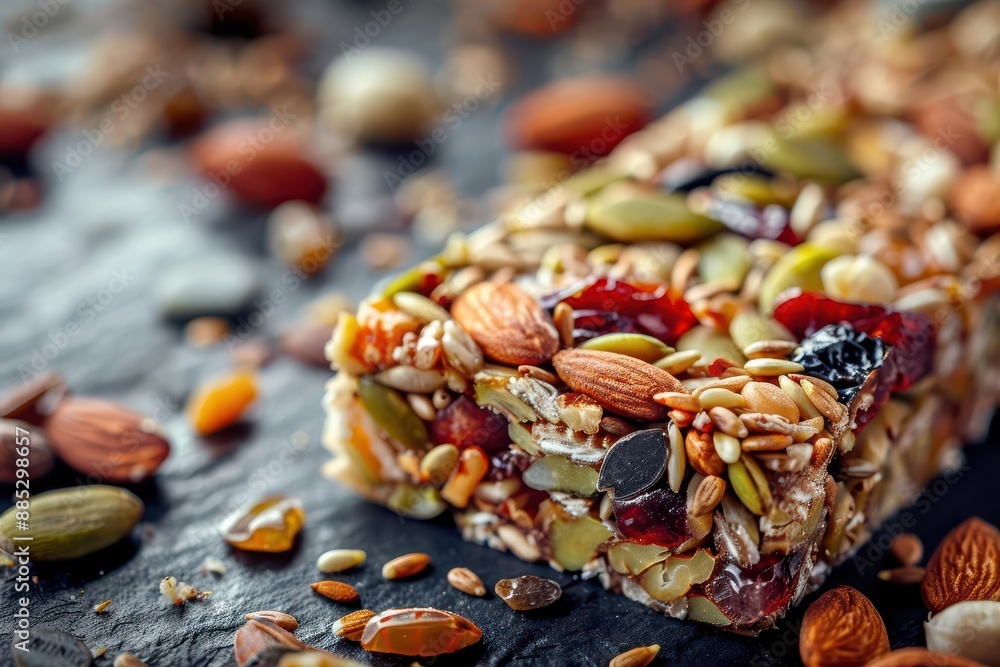 artisanal energy bar with mix of nuts seeds and dried fruits closeup reveals rich textures and colors emphasizing natural wholesome ingredients artisanal energy bar with mix of nuts seeds and dried fruits closeup reveals rich textures and colors emphasizing natural wholesome ingredients