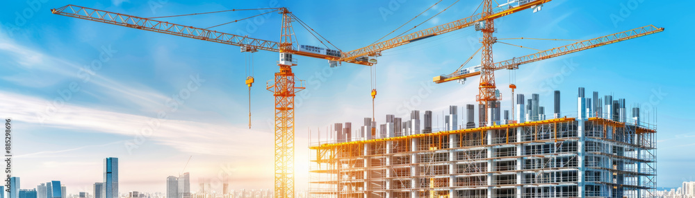 Modern skyscraper being built with cranes and scaffolding in city skyline, showcasing architectural progress. Modern skyscraper being built with cranes and scaffolding in city skyline, showcasing architectural progress.