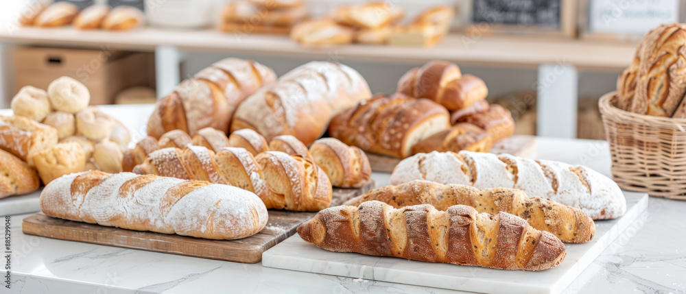 Delicious vegan loaves on marble countertop in cozy cafe setting Delicious vegan loaves on marble countertop in cozy cafe setting