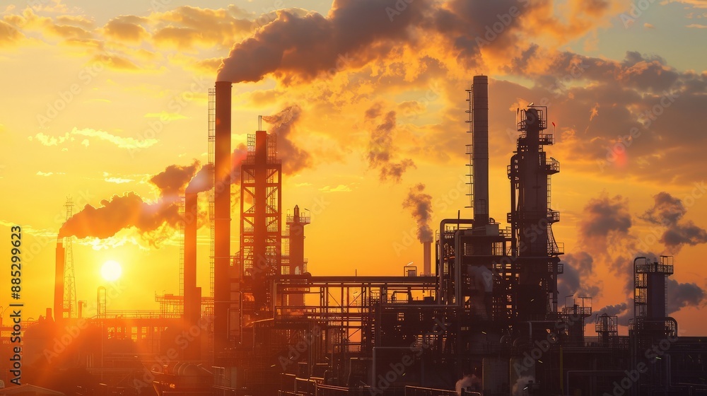 An industrial plant at sunset, with large smokestacks and intricate pipe systems silhouetted against the sky An industrial plant at sunset, with large smokestacks and intricate pipe systems silhouetted against the sky
