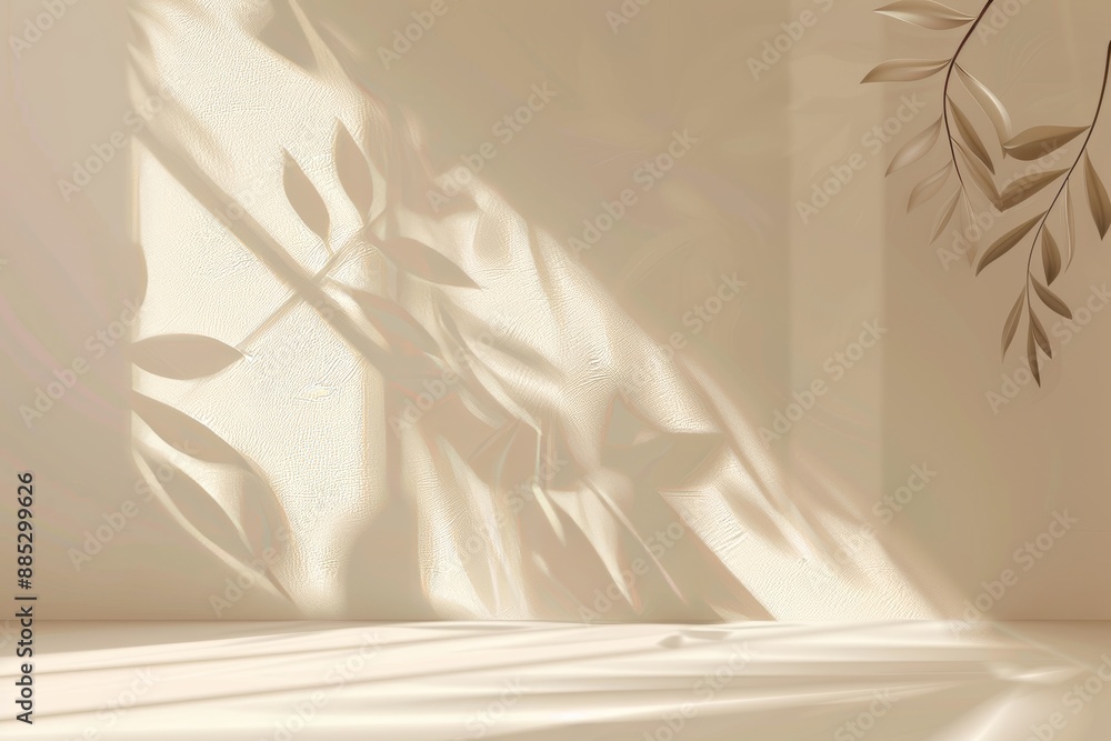 Light and shadow from a window and vegetation on the wall create a minimalist abstract light beige backdrop for product presentations. Light and shadow from a window and vegetation on the wall create a minimalist abstract light beige backdrop for product presentations.