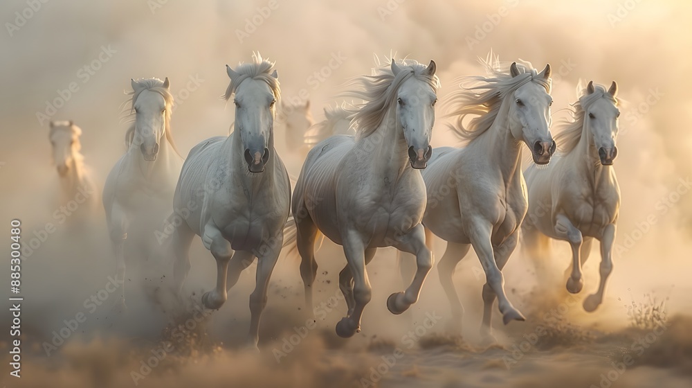 Obraz premium A herd of white horses galloping, dynamic action shot, dust clouds, sandy ground, no background, isolated scene, photorealistic, high detail, motion blur, strong sunlight.