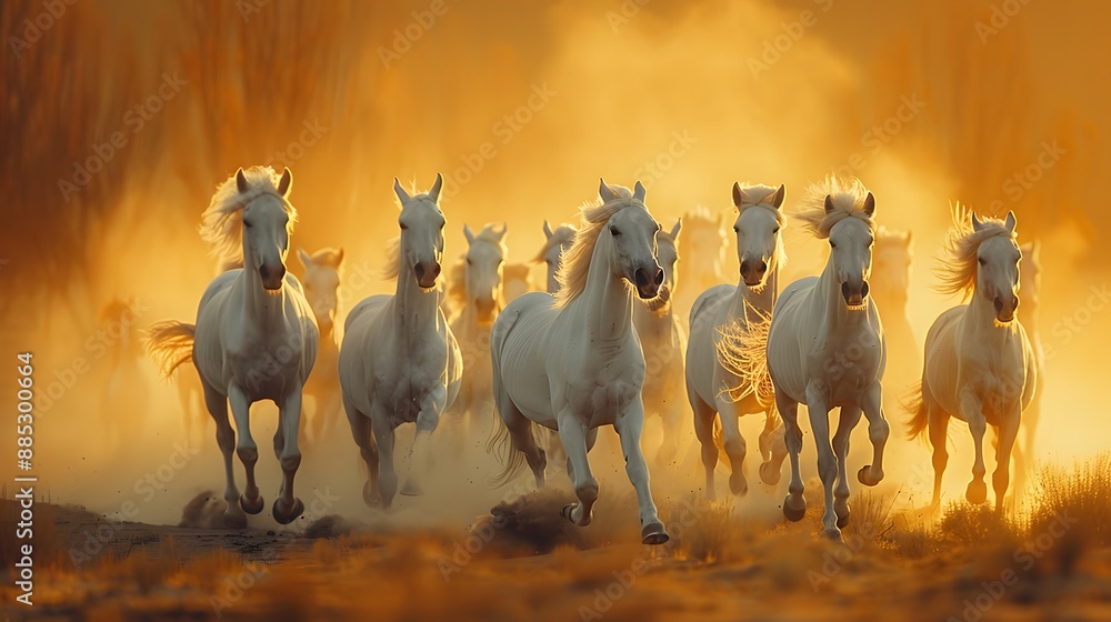 Obraz premium A herd of white horses galloping, dynamic action shot, dust clouds, sandy ground, no background, isolated scene, photorealistic, high detail, motion blur, strong sunlight.