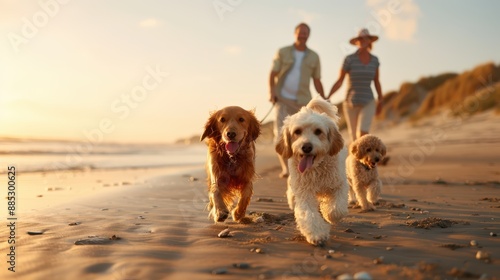 Fototapeta Naklejka Na Ścianę i Meble -  A couple walks along a beach at sunset with their three dogs, enjoying the serene evening atmosphere and the golden hues of the dusk sky reflecting on the water.