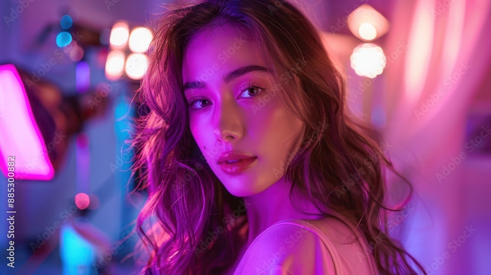 An influencer creating a tutorial with a bright, lively backdrop An influencer creating a tutorial with a bright, lively backdrop