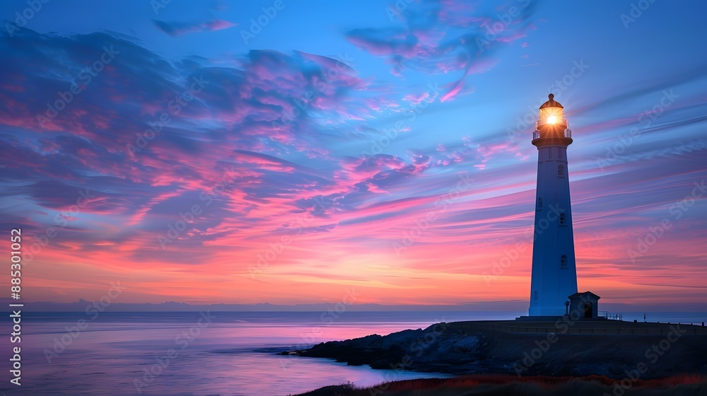 A lighthouse silhouetted against the sky at dawn, with soft pastel pink and blue clouds creating a serene backdrop. The scene captures the hope of a new day in its most tranquil form. A lighthouse silhouetted against the sky at dawn, with soft pastel pink and blue clouds creating a serene backdrop. The scene captures the hope of a new day in its most tranquil form.