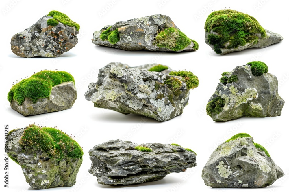 Rocks and boulders covered in moss, isolated on white. Nature and ecology concept image Rocks and boulders covered in moss, isolated on white. Nature and ecology concept image