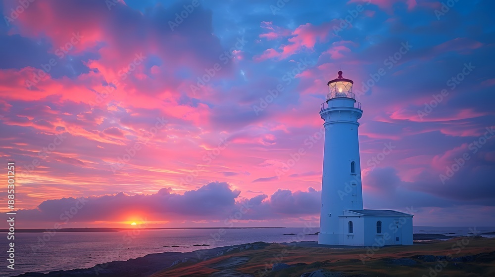 A lighthouse silhouetted against the sky at dawn, with soft pastel pink and blue clouds creating a serene backdrop. The scene captures the hope of a new day in its most tranquil form. A lighthouse silhouetted against the sky at dawn, with soft pastel pink and blue clouds creating a serene backdrop. The scene captures the hope of a new day in its most tranquil form.