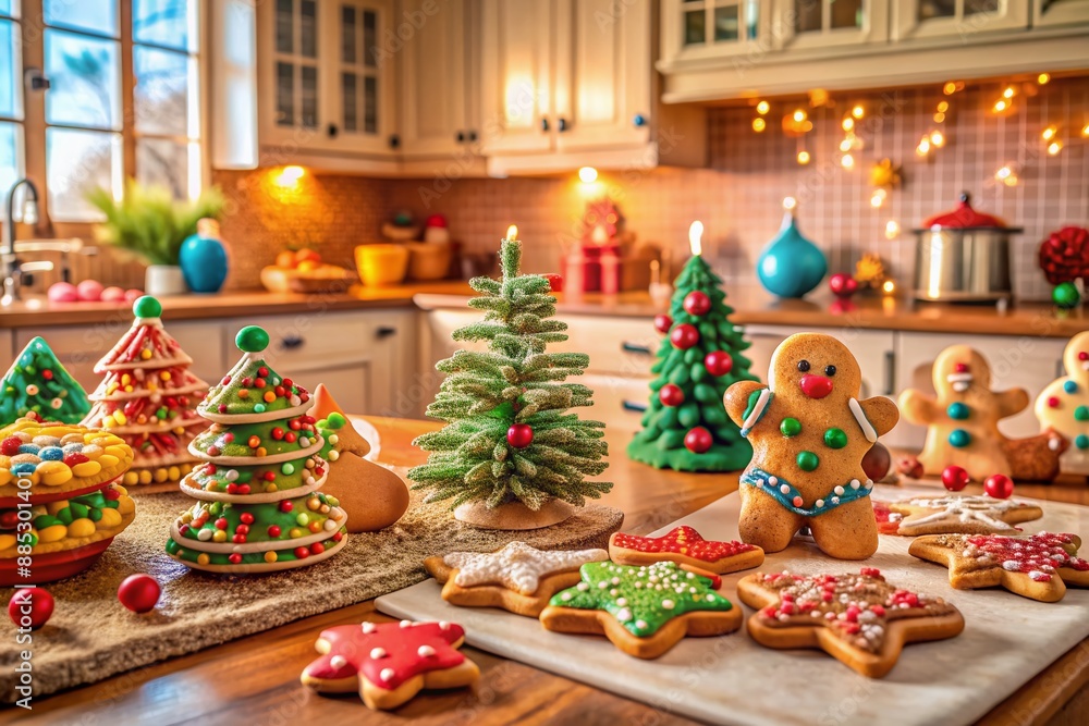 Colorful icing and sprinkles cover a festive holiday kitchen countertop, surrounded by decorated gingerbread cookies, evoking a joyful atmosphere of childhood wonder and sweet celebrations. Colorful icing and sprinkles cover a festive holiday kitchen countertop, surrounded by decorated gingerbread cookies, evoking a joyful atmosphere of childhood wonder and sweet celebrations.
