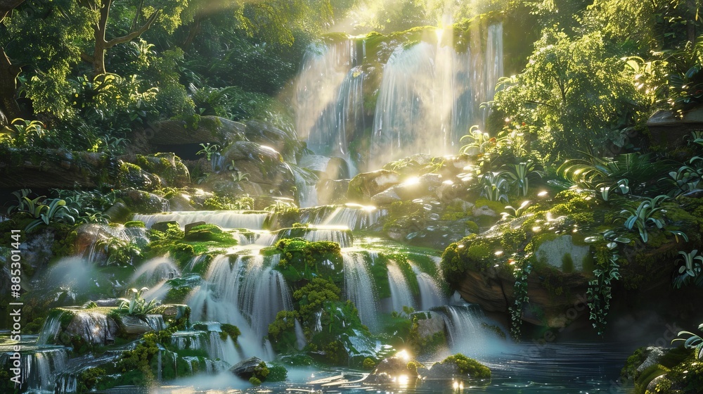 It could either have a cascading waterfall or a natural rock fountain with flowing water It could either have a cascading waterfall or a natural rock fountain with flowing water