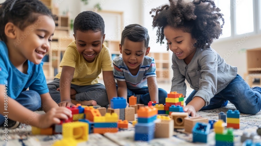 Kids playing with building blocks on the floor, creating imaginative structures together Kids playing with building blocks on the floor, creating imaginative structures together