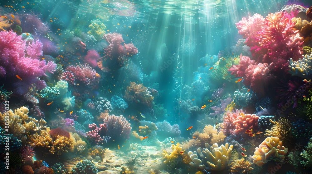 A majestic underwater coral reef with beams of sunlight penetrating the crystal-clear water, creating a mesmerizing and tranquil atmosphere. A majestic underwater coral reef with beams of sunlight penetrating the crystal-clear water, creating a mesmerizing and tranquil atmosphere.