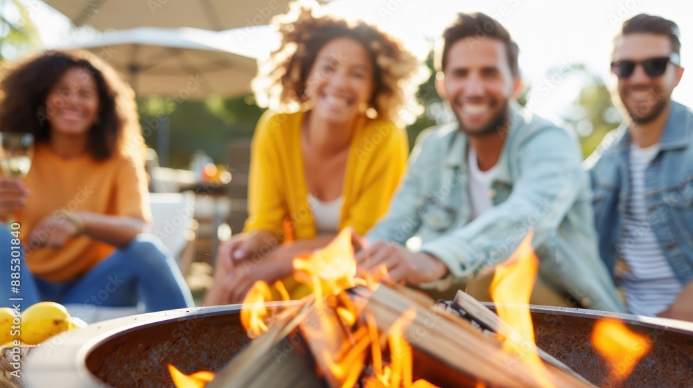 A group of friends smiling and enjoying themselves around a campfire, embodying warmth, joy, and the positive connections formed through outdoor social gatherings and storytelling. A group of friends smiling and enjoying themselves around a campfire, embodying warmth, joy, and the positive connections formed through outdoor social gatherings and storytelling.