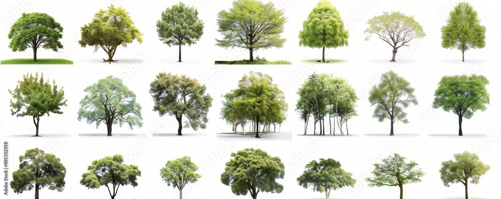 Fototapeta premium On a white background, a collection of high definition trees