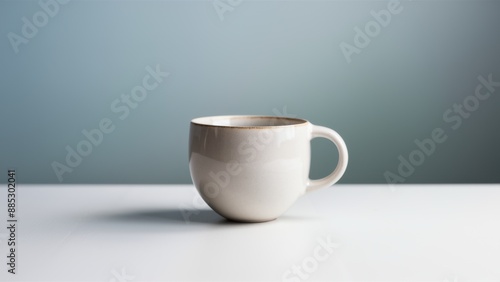 A white coffee cup sitting on a table with blue background, AI