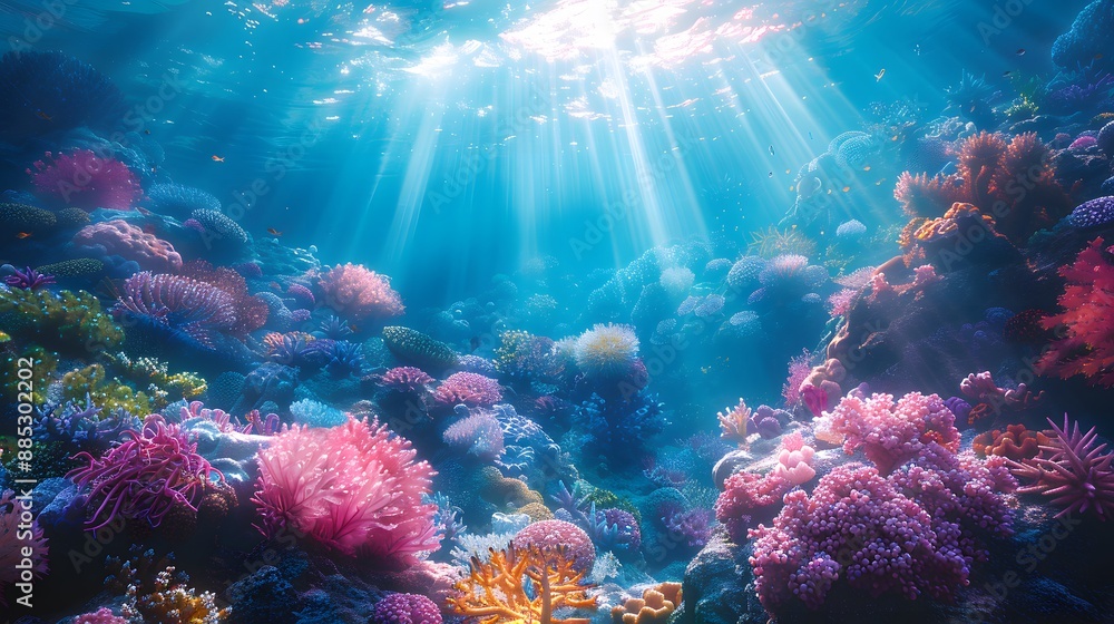Obraz premium A majestic underwater coral reef with beams of sunlight penetrating the crystal-clear water, creating a mesmerizing and tranquil atmosphere.
