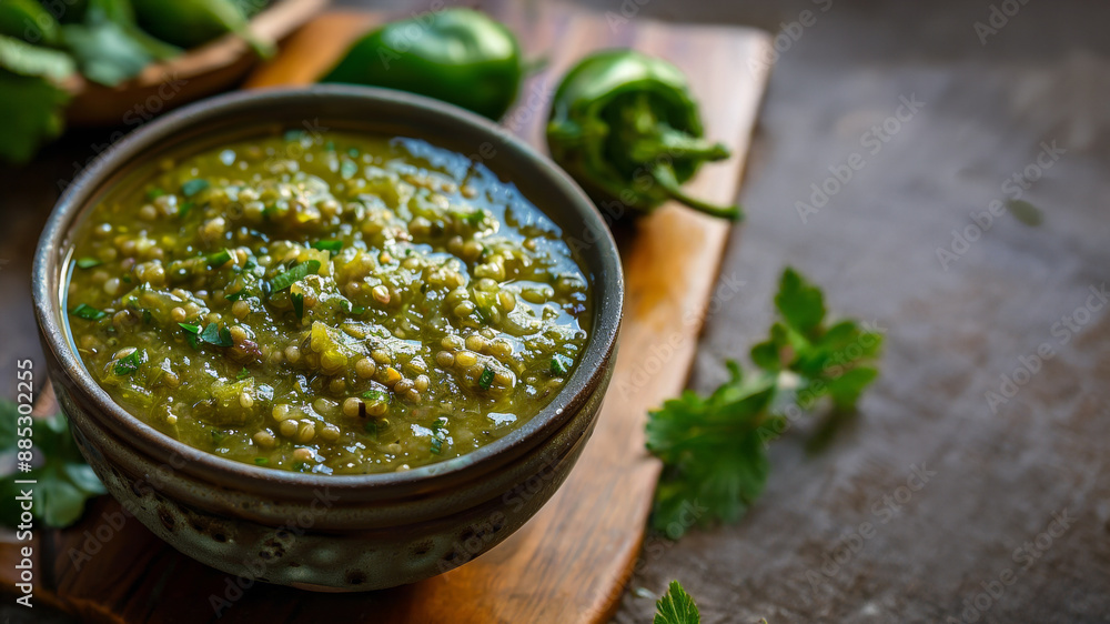 Bowl of freshly made tomatillo salsa Bowl of freshly made tomatillo salsa