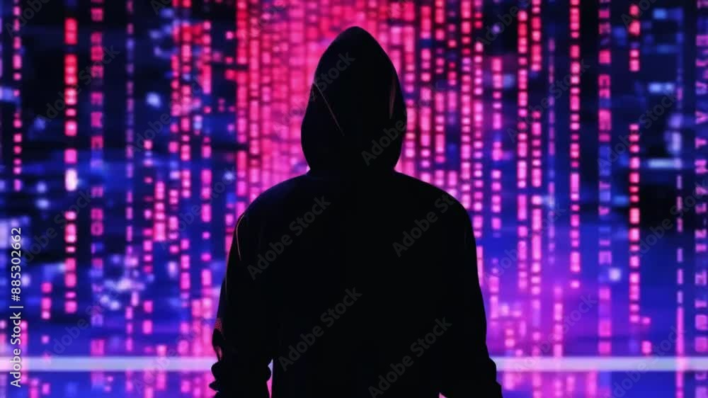 Hacker silhouette scene with digital background, 4k animated virtual ...