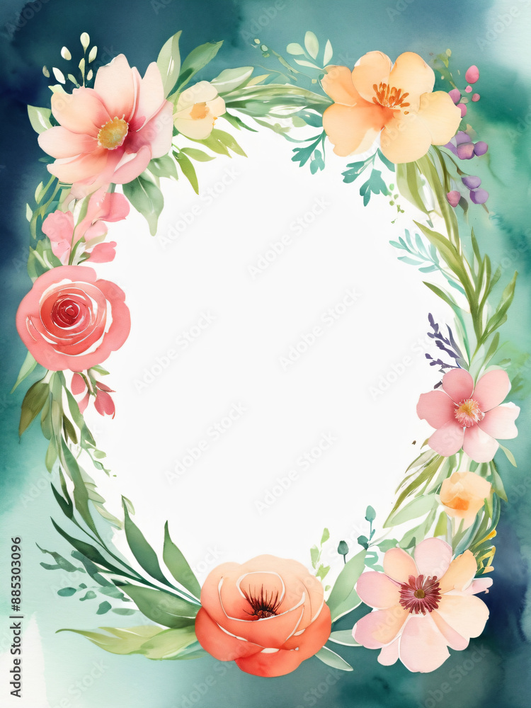 Fototapeta premium A blank wedding invitation adorned with a watercolor floral frame