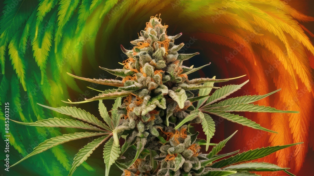 Fototapeta premium A marijuana plant is shown in front of a colorful background, AI