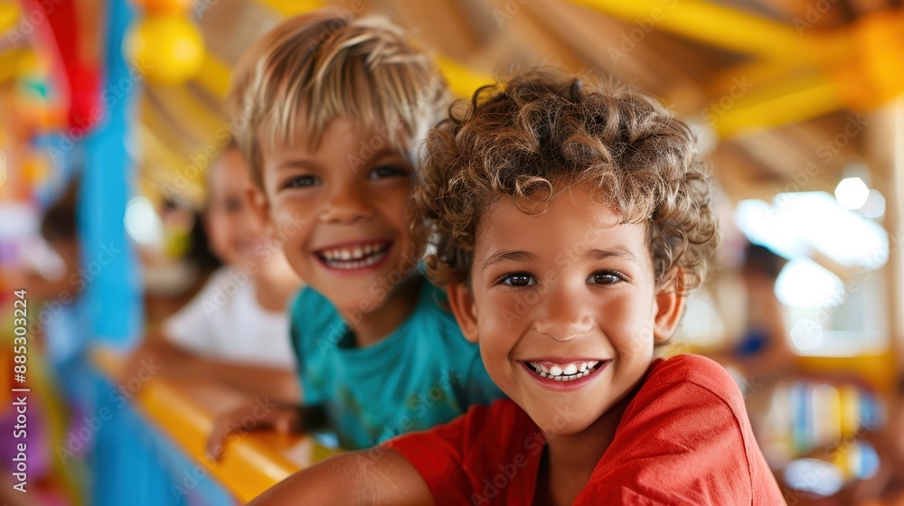 Young boys with wide smiles having a great time at an amusement park, expressing pure joy and excitement, with a colorful and lively setting in the background. Young boys with wide smiles having a great time at an amusement park, expressing pure joy and excitement, with a colorful and lively setting in the background.