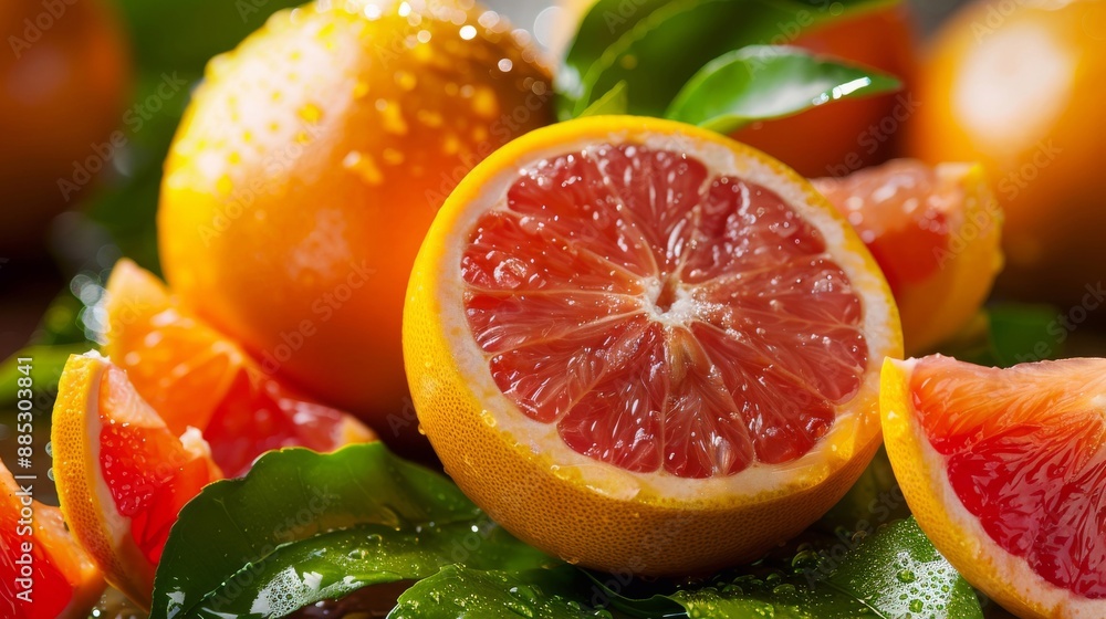 delicious fresh grapefruit, cut in half with green leaves . Close-up of fresh red grapefruits with water drops delicious fresh grapefruit, cut in half with green leaves . Close-up of fresh red grapefruits with water drops